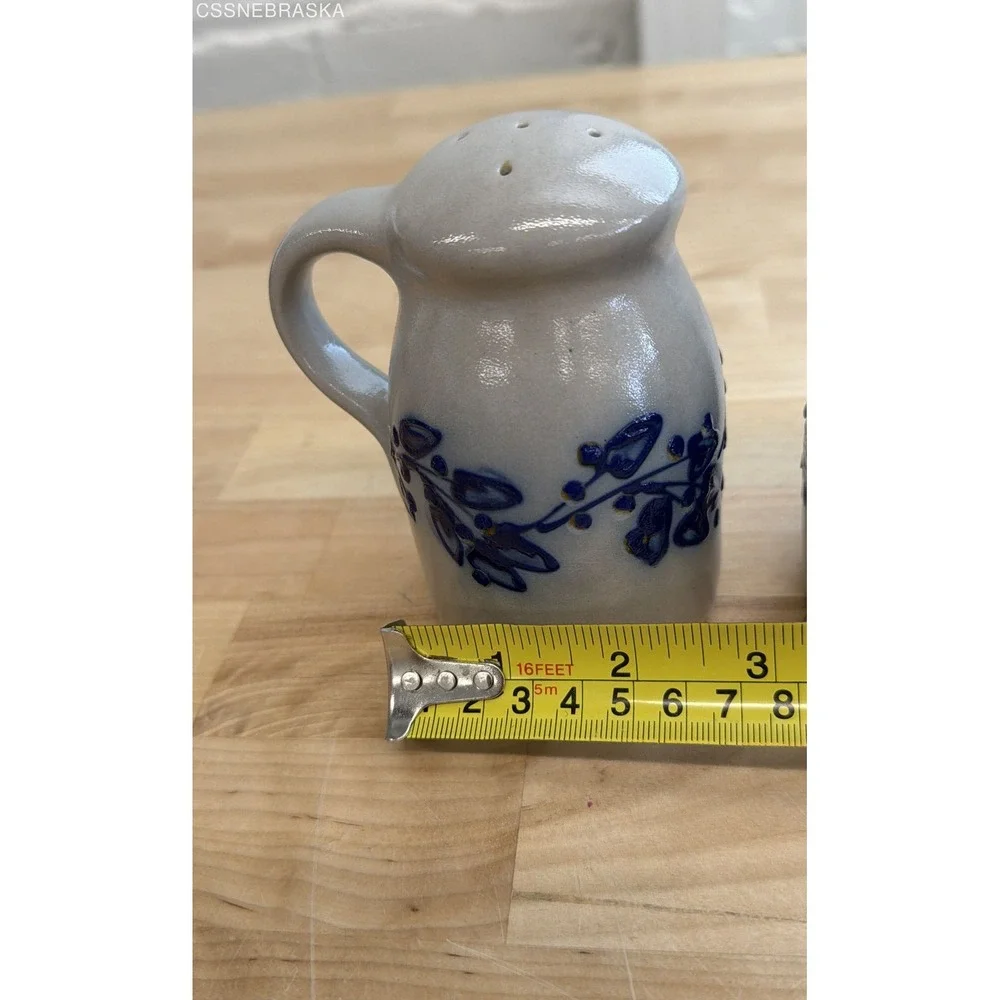 Vintage Salt Glaze Stoneware Salt and Pepper Shakers Blue Floral 2 Piece Set
